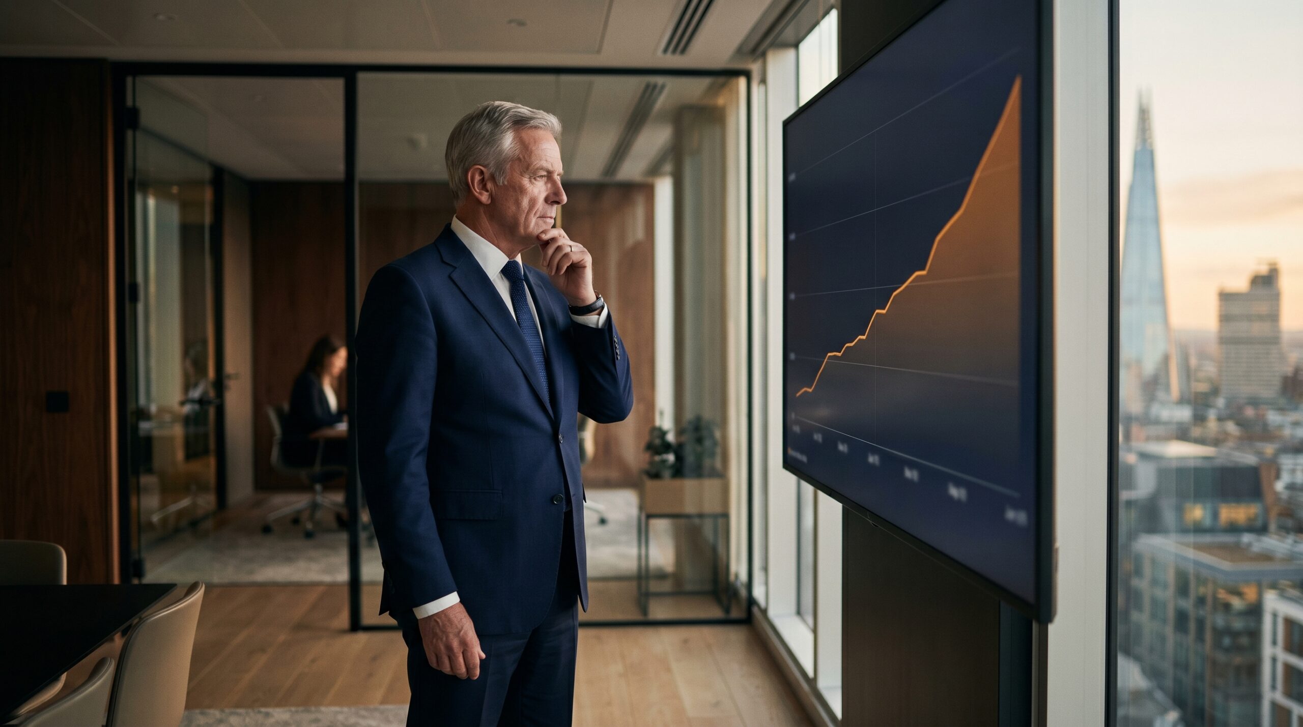 Michael Saylor-achtige executive in donkerblauw pak kijkt naar oranje stijgende Bitcoin-grafiek in modern kantoor — MicroStrategy STRC Bitcoin-strategie