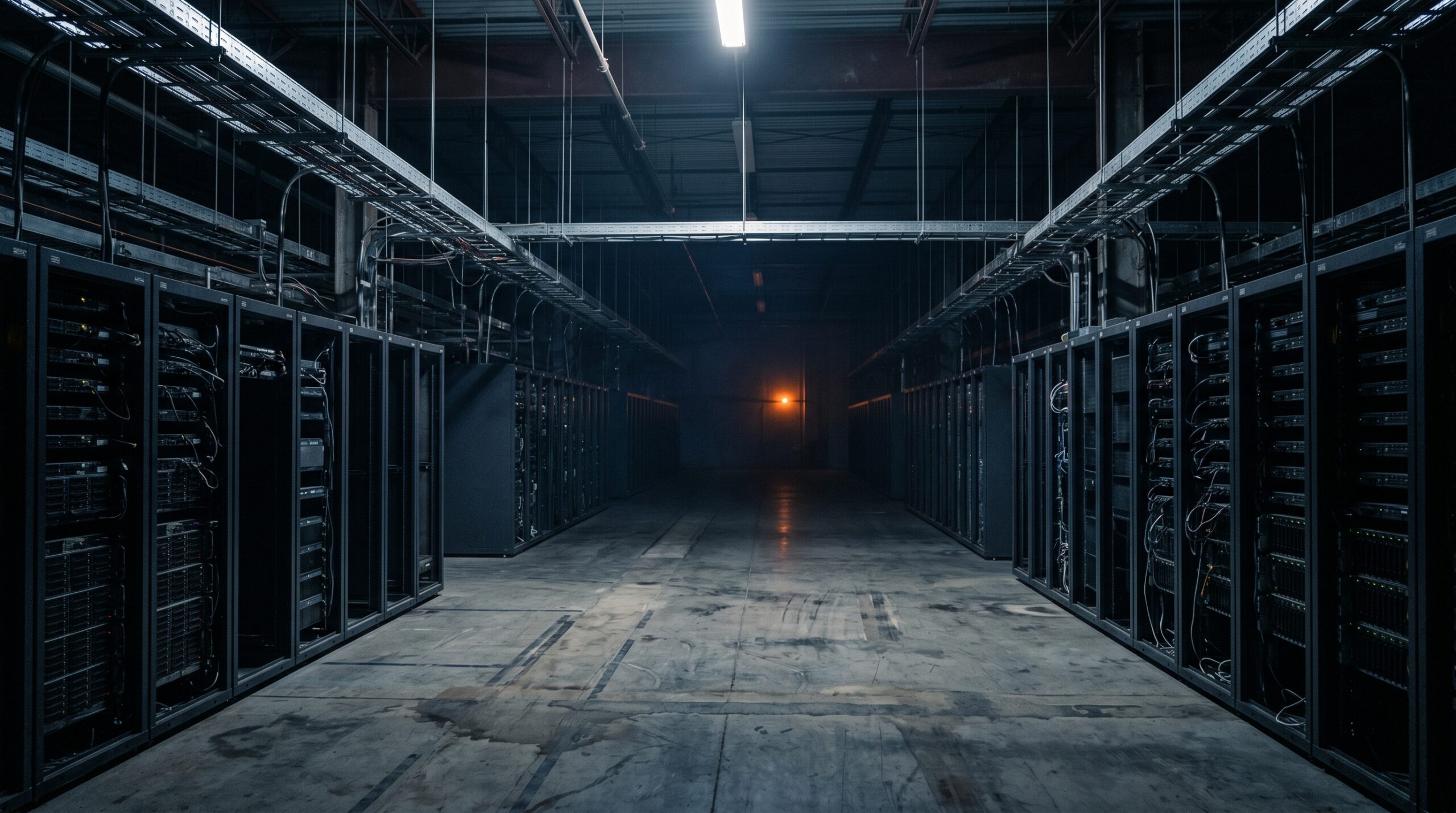 Bitcoin mining datacenter bij schemering — rijen server racks in donkere hal, oranje lichtpunt in de verte, sfeer van miner-capitulatie