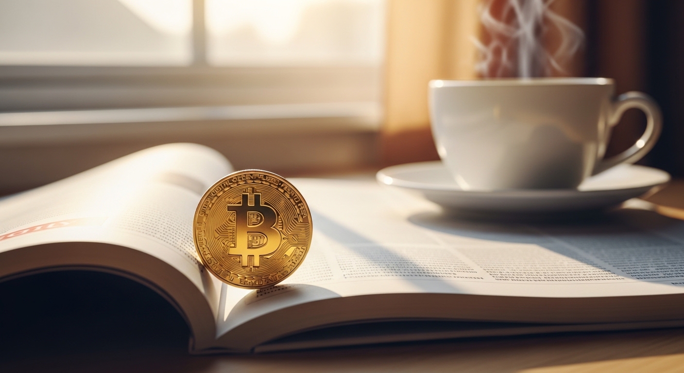 Bitcoin coin op opengeslagen krant met dampende koffie