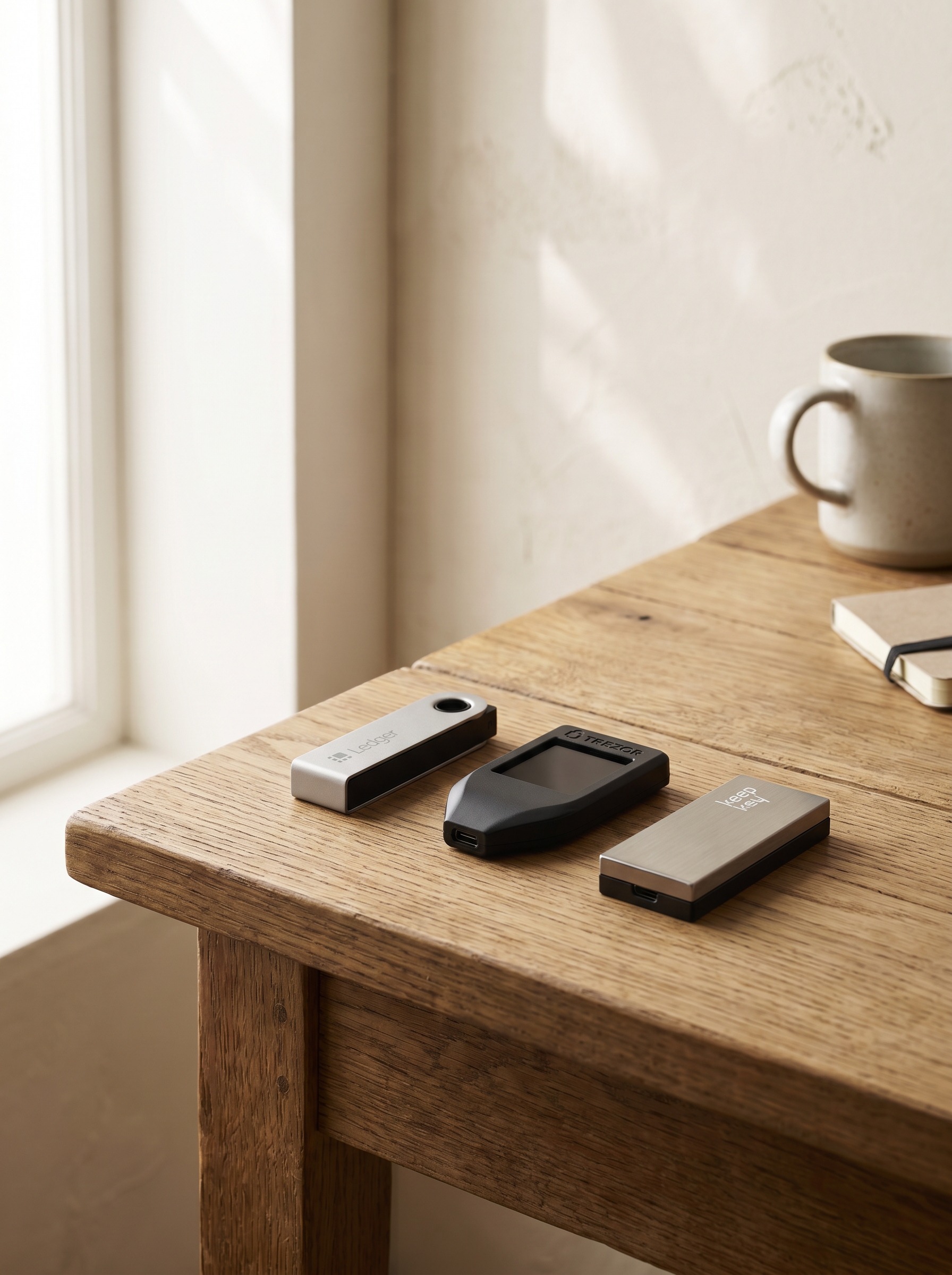 Drie hardware wallets — Trezor, Ledger en BitBox — als editorial stilleven op cream papier